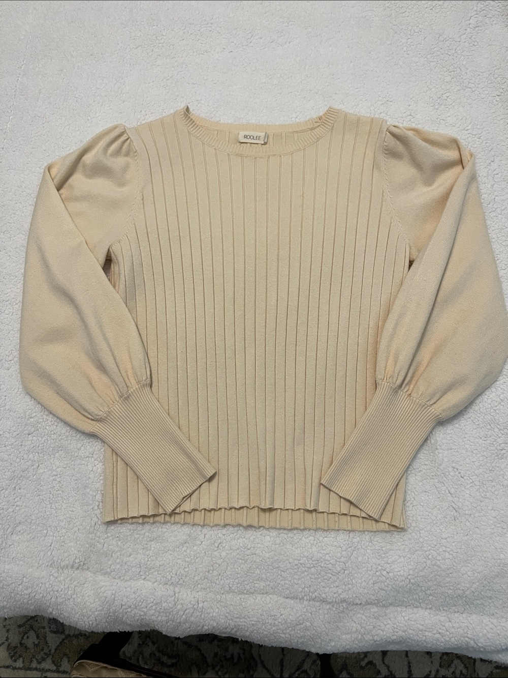 Roolee Cream Ribbed Puff-Sleeve Top